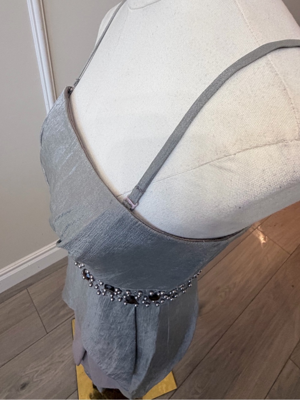 Adrianna Papell Silver Midi Dress with Lilac Ruffle & Jeweled Waistband - Picture 8 of 13